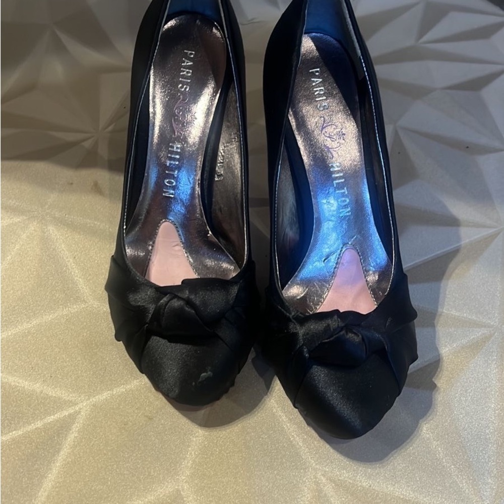 Paris Hilton Black Satin Heel with classic Bow detail